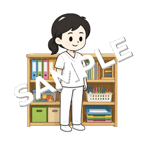教材棚の前に立つ女性言語聴覚士のイラスト