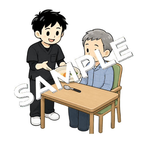 すくいやすい皿を提案する男性作業療法士のイラスト