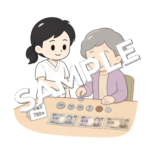 お金の計算練習を支援する女性言語聴覚士のイラスト