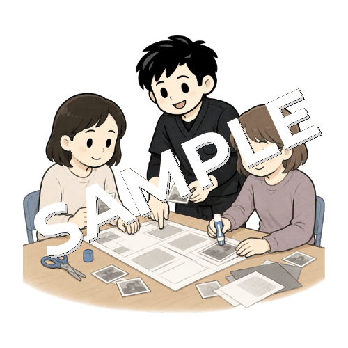 精神科デイケアで新聞づくりを支援する男性作業療法士のイラスト