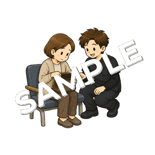診察券を探す患者を支援する男性作業療法士のイラスト