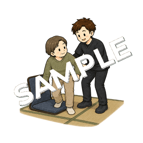 座椅子から立ち上がる患者を支援する男性作業療法士のイラスト