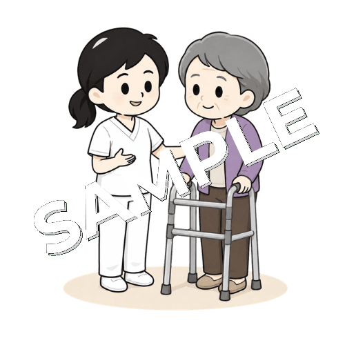 歩行器を使う患者に話しかける女性言語聴覚士のイラスト