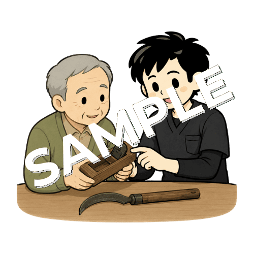 認知症患者と昔の道具を触って話す男性作業療法士のイラスト