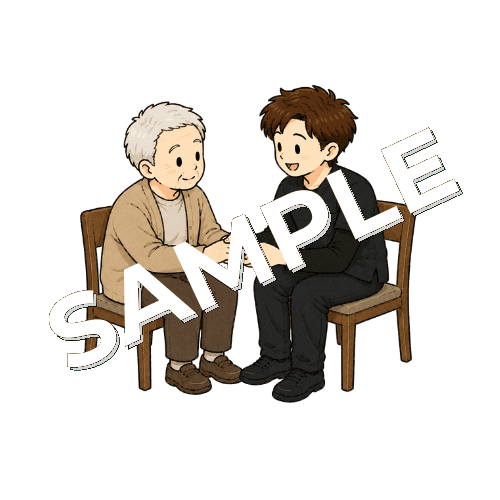 患者の手指を温めながら会話する男性作業療法士のイラスト