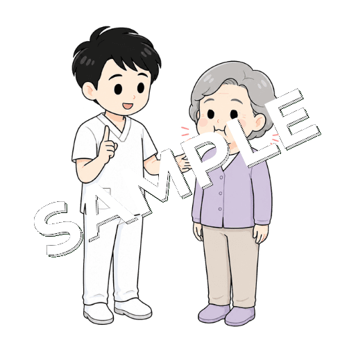 頬をふくらませる練習を指導する男性言語聴覚士のイラスト