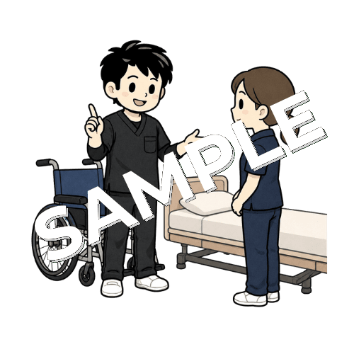 介護職員に移乗介助のポイントを伝える男性作業療法士のイラスト