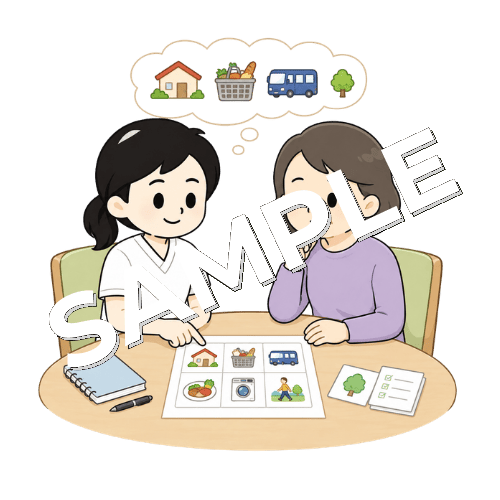 退院後の生活を一緒に考える女性言語聴覚士のイラスト