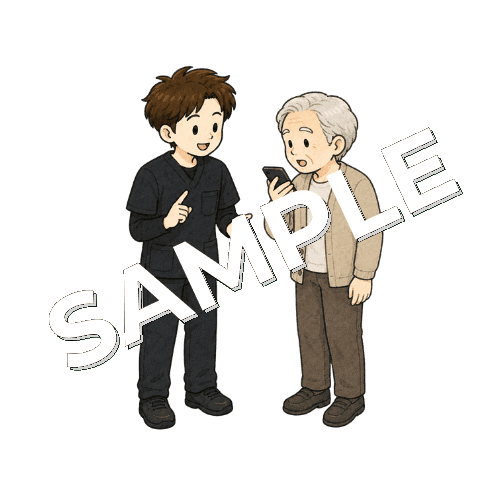 音声入力を試す患者と男性作業療法士のイラスト