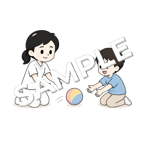 ボール遊びで順番を促す女性言語聴覚士のイラスト