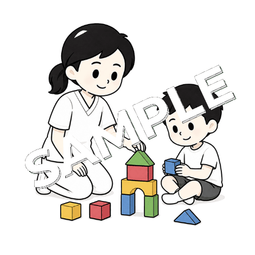 ブロック遊びで指示理解を促す女性言語聴覚士のイラスト