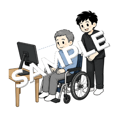 視線入力装置を使う患者と男性作業療法士のイラスト