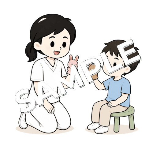 指人形を使って会話練習をする女性言語聴覚士のイラスト