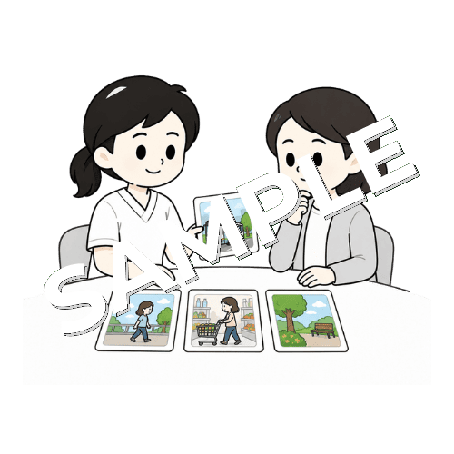 外出場面の絵カードを使う女性言語聴覚士のイラスト