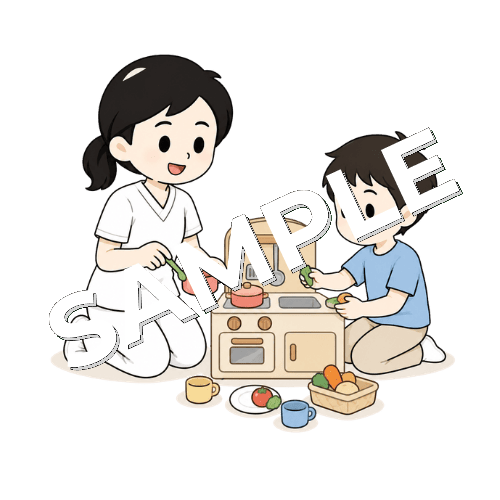 ままごと遊びで会話を促す女性言語聴覚士のイラスト
