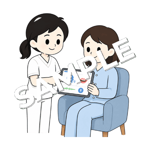 タブレットで発音アプリを使う女性言語聴覚士のイラスト