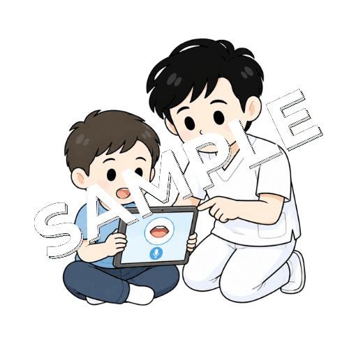 タブレットで発音アプリを使う男性言語聴覚士のイラスト