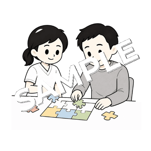 パズルを使って訓練する女性言語聴覚士のイラスト