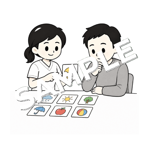 なぞなぞを使って言語訓練をする女性言語聴覚士のイラスト