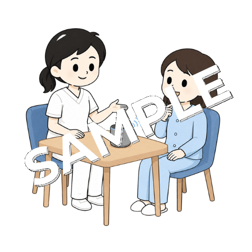 スマートスピーカーを使って訓練する女性言語聴覚士のイラスト