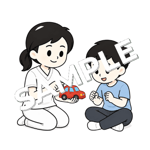 おもちゃを使って発語を促す女性言語聴覚士のイラスト