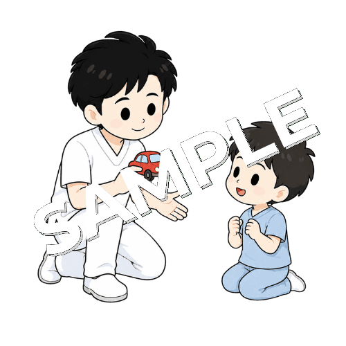 おもちゃを使って発語を促す男性言語聴覚士のイラスト