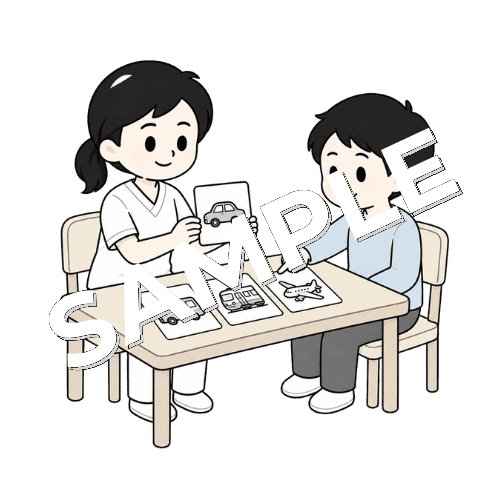 乗り物カードを使って訓練する女性言語聴覚士のイラスト