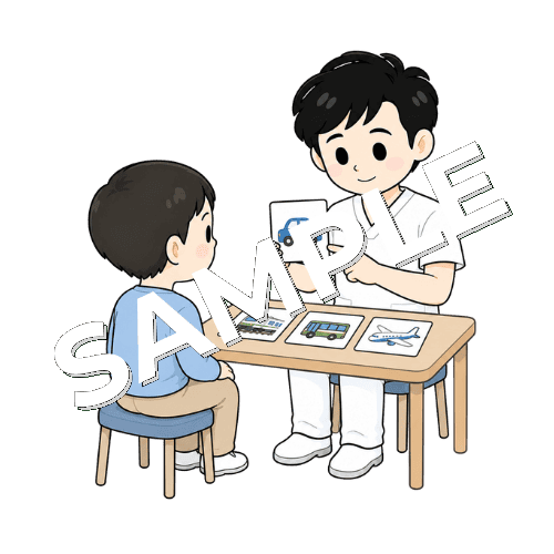 乗り物カードを使って訓練する男性言語聴覚士のイラスト