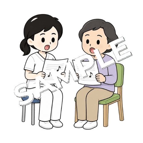 歌詞カードを見ながら発声する女性言語聴覚士のイラスト