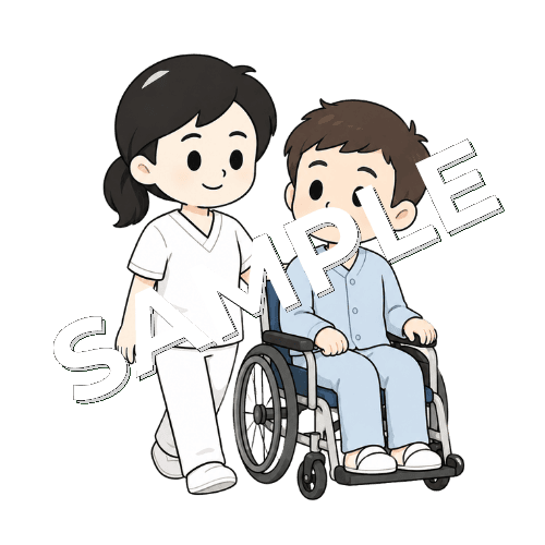 車椅子の患者と並んで歩く女性言語聴覚士のイラスト