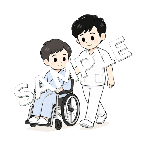 車椅子の患者と並んで歩く男性言語聴覚士のイラスト