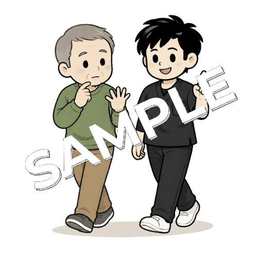 二重課題で歩きながら計算する患者と男性作業療法士のイラスト