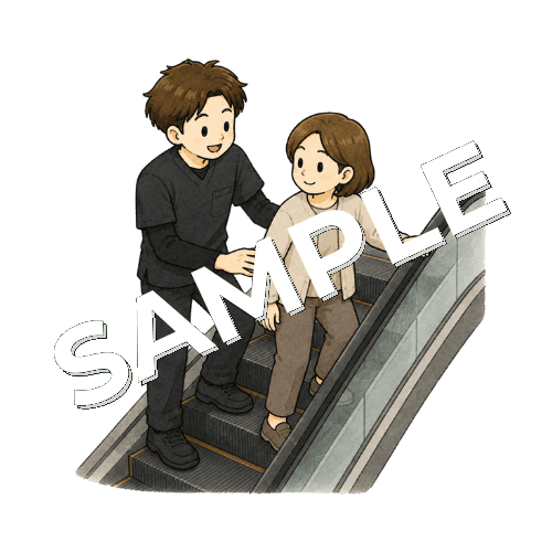 エスカレーター利用を見守る男性作業療法士のイラスト