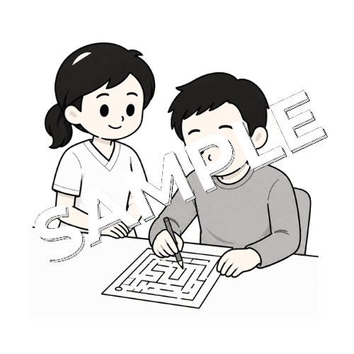 迷路課題を見守る女性言語聴覚士のイラスト