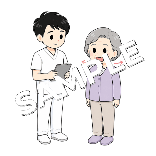舌を左右に動かす練習を見守る男性言語聴覚士のイラスト