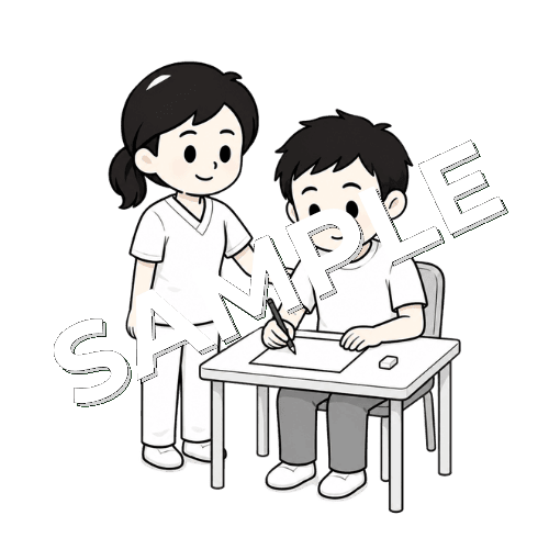 患者の書字を見守る女性言語聴覚士のイラスト