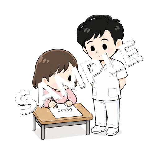 患者の書字を見守る男性言語聴覚士のイラスト