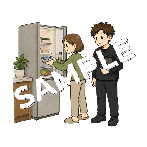 冷蔵庫から食品を取り出す練習を見守る男性作業療法士のイラスト