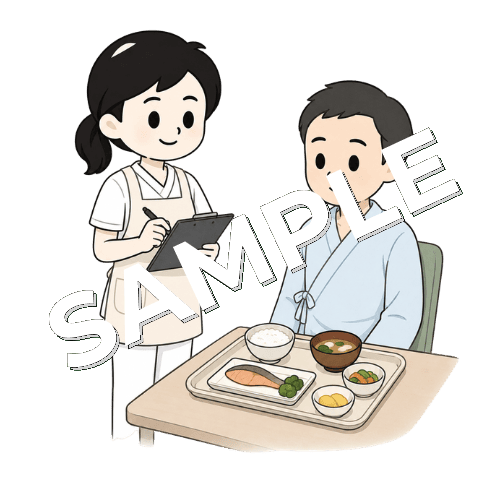 エプロンを着けて食事評価をする女性言語聴覚士のイラスト