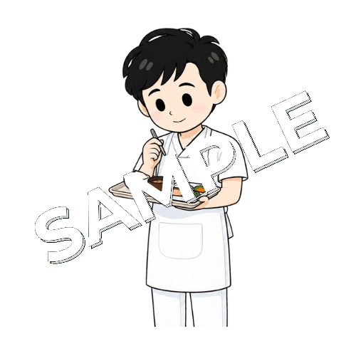 エプロンを着けて食事評価をする男性言語聴覚士のイラスト
