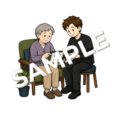 タブレットで認知課題に取り組む患者と男性作業療法士のイラスト