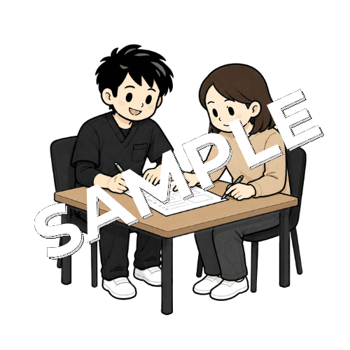 目標設定シートを患者と書く男性作業療法士のイラスト