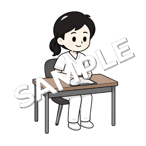集団訓練後に記録を書く女性言語聴覚士のイラスト