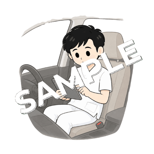 訪問後に車内で記録する男性言語聴覚士のイラスト