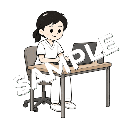 パソコンでリハビリ記録を書く女性言語聴覚士のイラスト