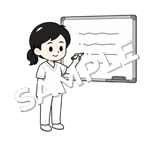 ホワイトボードに訓練内容を書く女性言語聴覚士のイラスト
