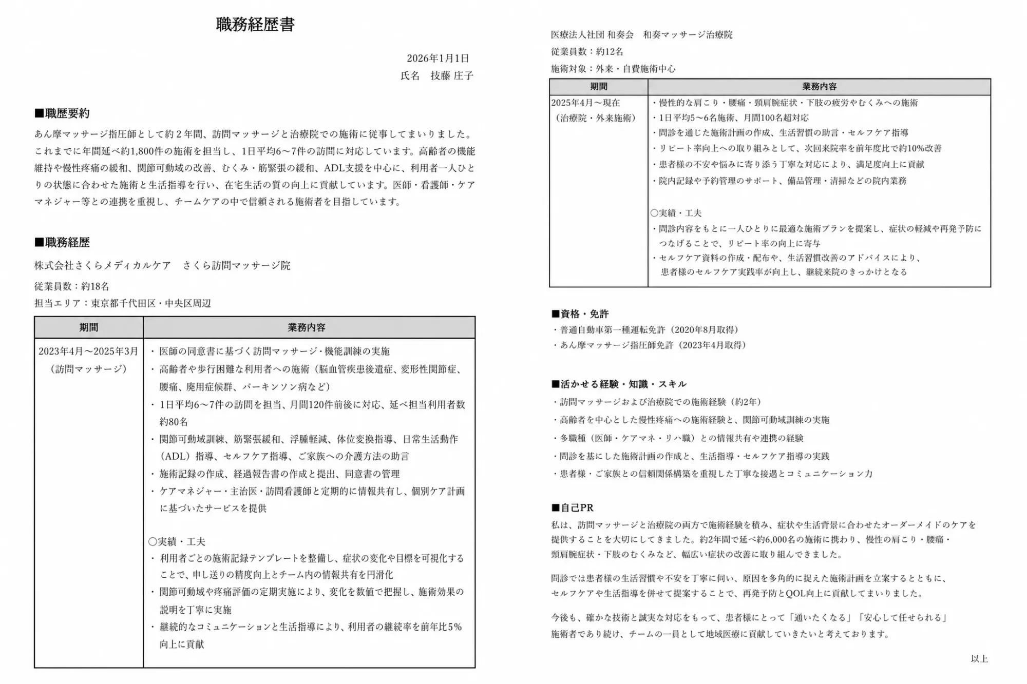 あん摩マッサージ指圧師の職務経歴書（編年体式）サンプル