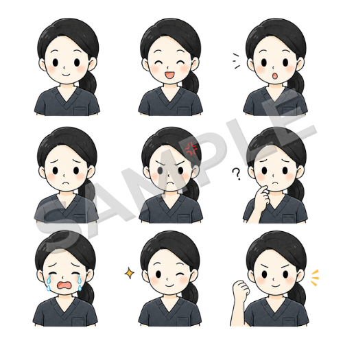 女性鍼灸師（表情違い①）のイラストセット