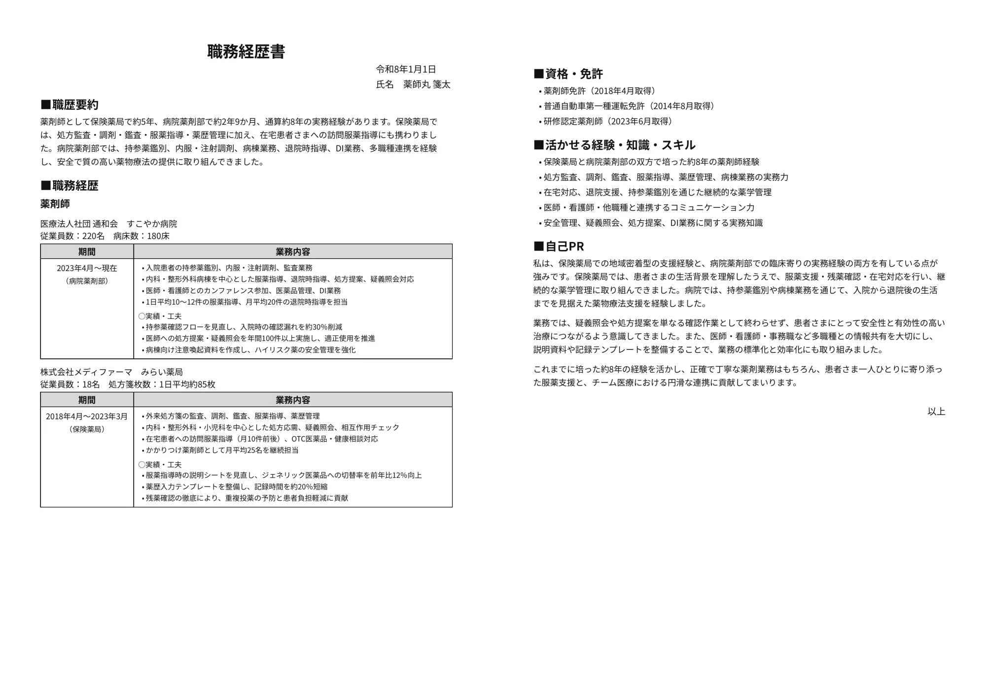 薬剤師の職務経歴書（キャリア式）サンプル