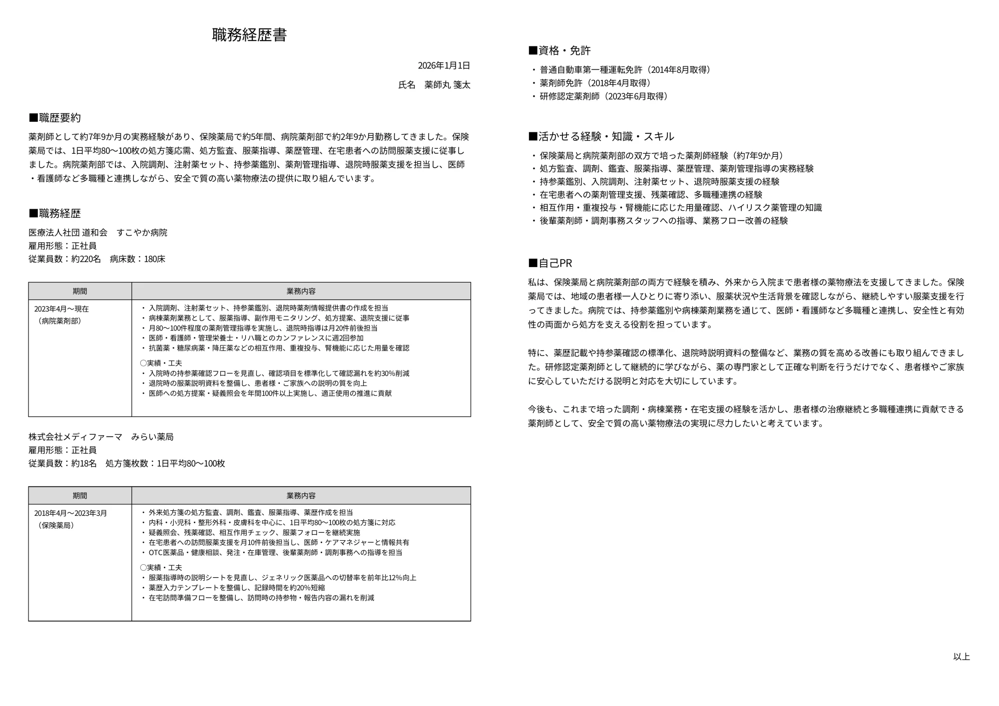薬剤師の職務経歴書（逆編年体式）サンプル